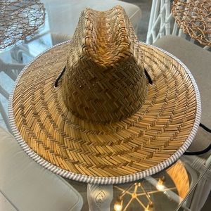 NWT straw hat with blue and white seersucker trim, women’s hat